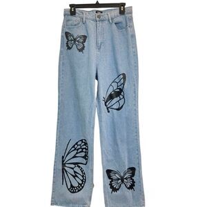 Simple Society‎ Women's Sz 9 Y2k HighRise WIDE LEG Street  Wash Jeans Butterfly